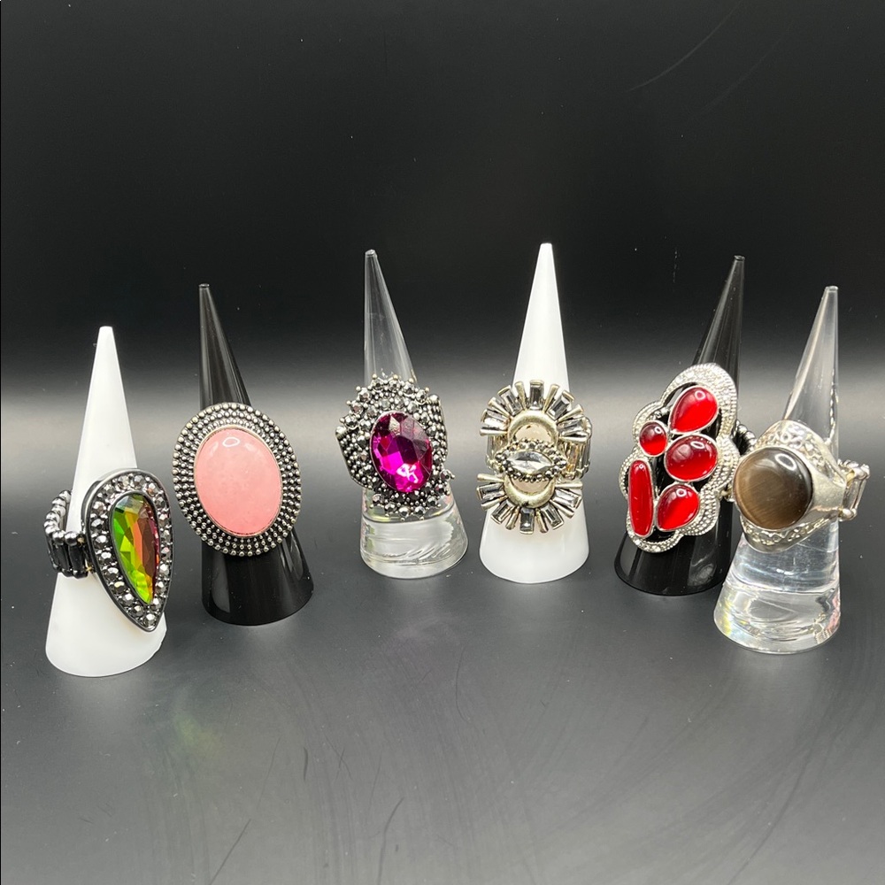6 Stretchy Womens Statement Rings Set with Multicolor Gemstones